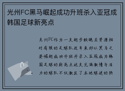 光州FC黑马崛起成功升班杀入亚冠成韩国足球新亮点